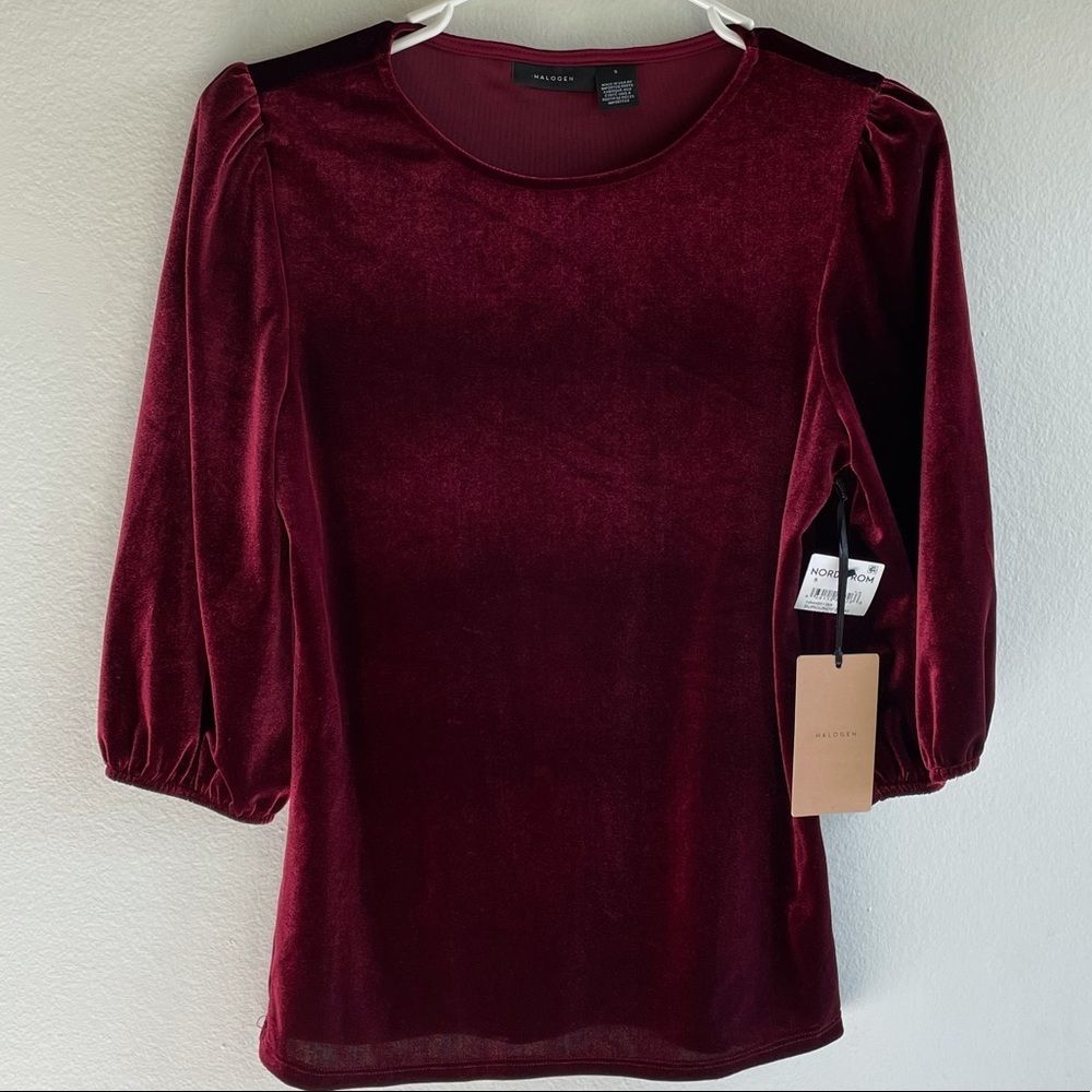 Halogen Velour Bubble Sleeve Top In Burgundy Stem - Picture 2 of 6